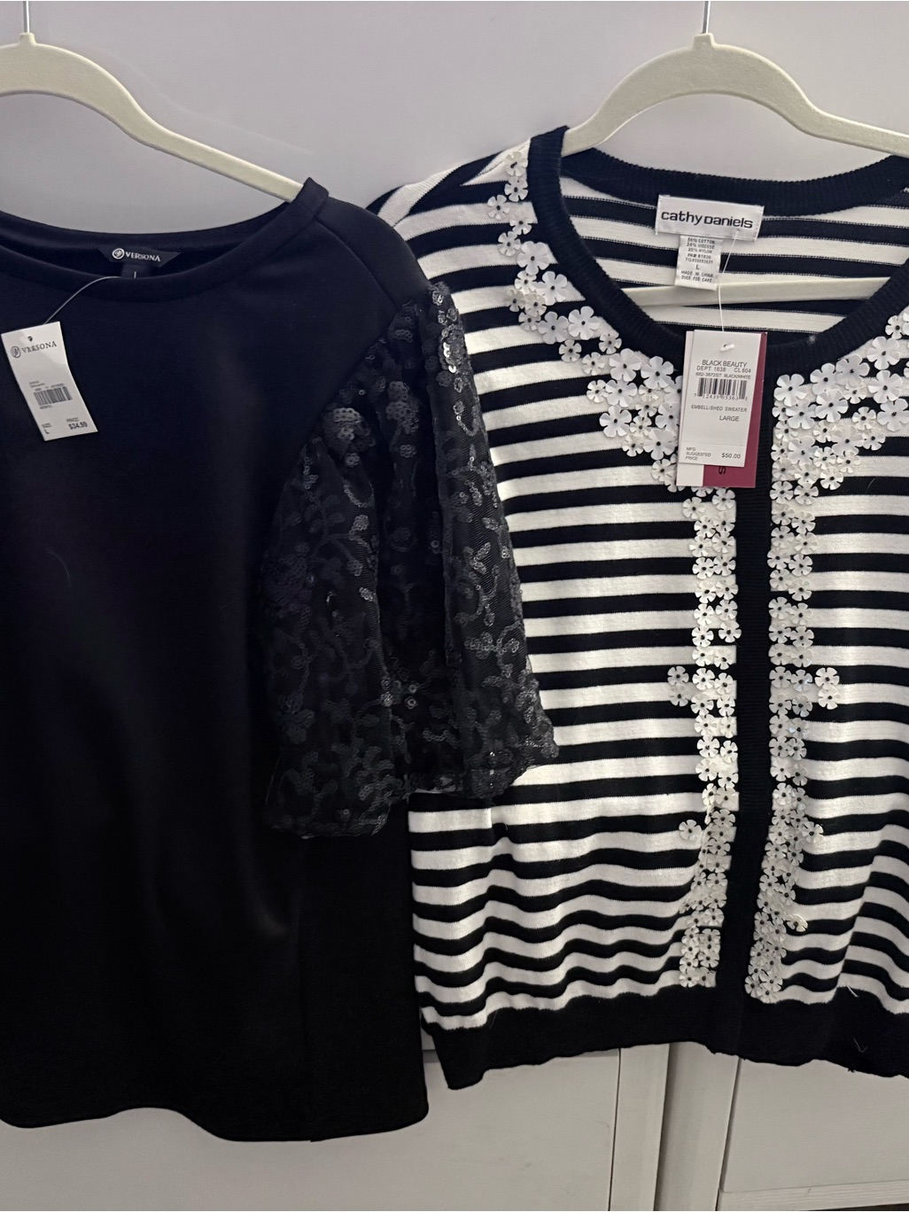 Cathy Daniels Black And White Striped Cardigan With Floral Embellishment